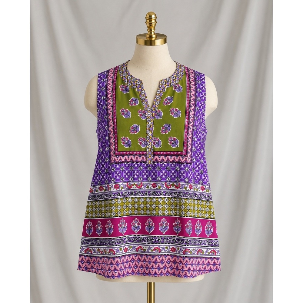 New Susan Graver Woven Sleeveless Henley Tunic Top 3XP Purple Floral Patchwork